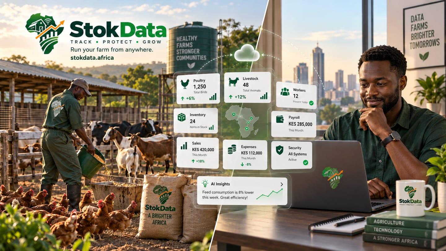Farm owner reviewing StokData dashboard remotely while a worker feeds livestock