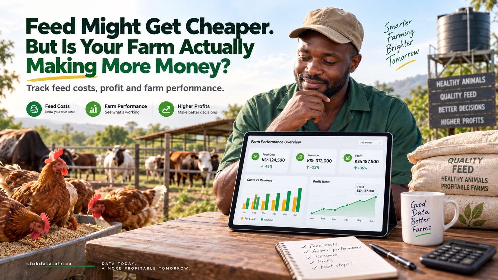 Farmer reviewing feed costs, revenue and profit on a tablet