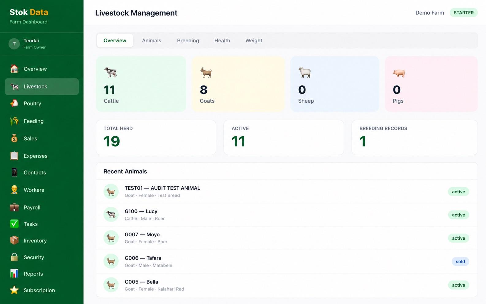 Livestock Management screen in StokData
