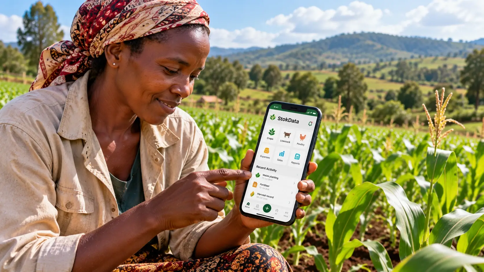 Smiling African woman in a headscarf pointing at the StokData app on a phone in a green maize field with hills behind