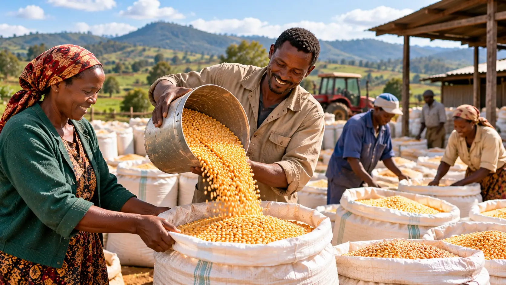 Farmers pouring yellow seed from a metal bucket into large white sacks at a cooperative seed store