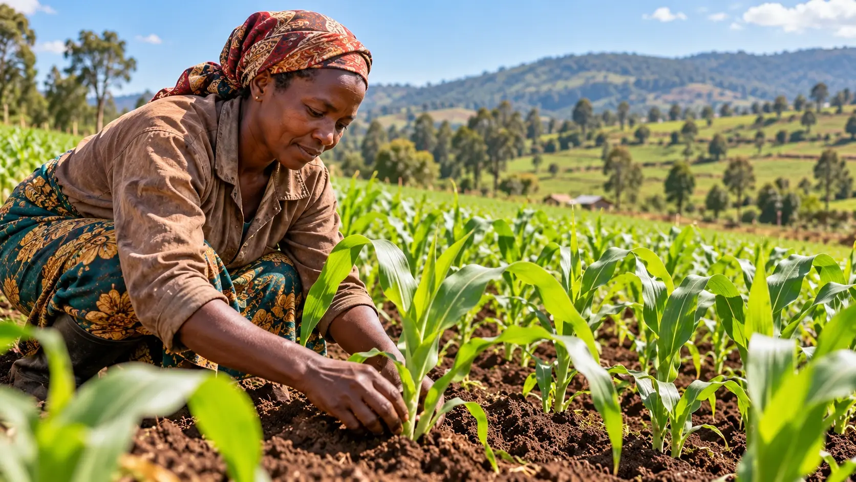 Woman in a headscarf kneeling in a field to plant a young maize seedling in dark soil