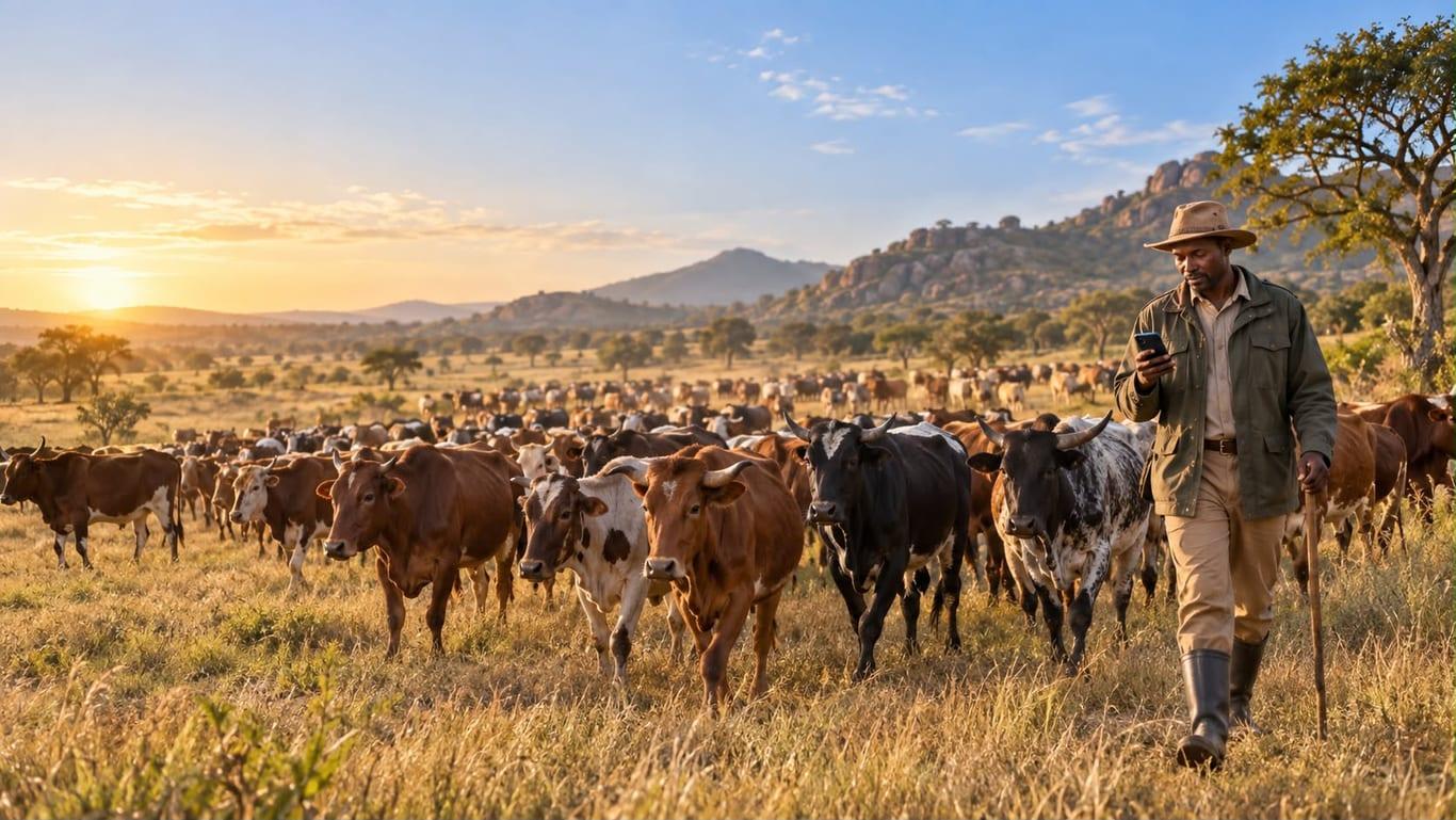 Cattle farmer checking his herd records on a phone at sunrise in African grassland