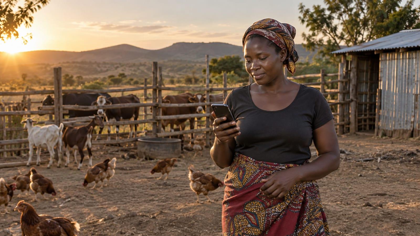 Farmer checking her herd and flock on a phone at sunrise beside cattle, goats and chickens on an African farm