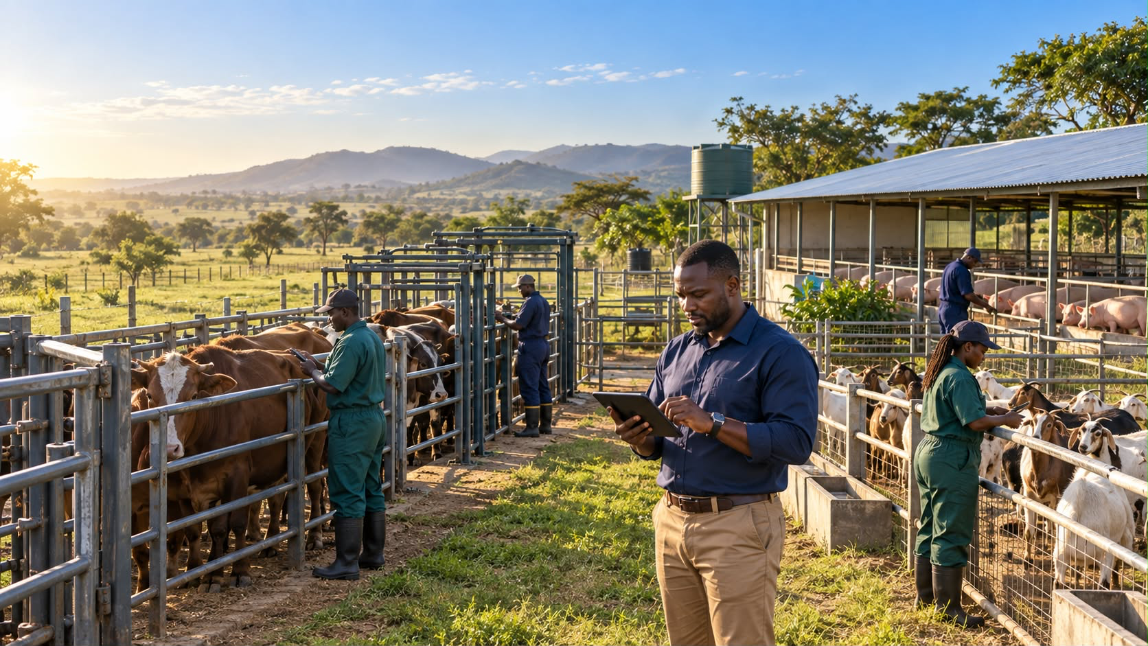 Farm manager reviewing livestock records on a tablet beside cattle, goat and pig pens on an African farm