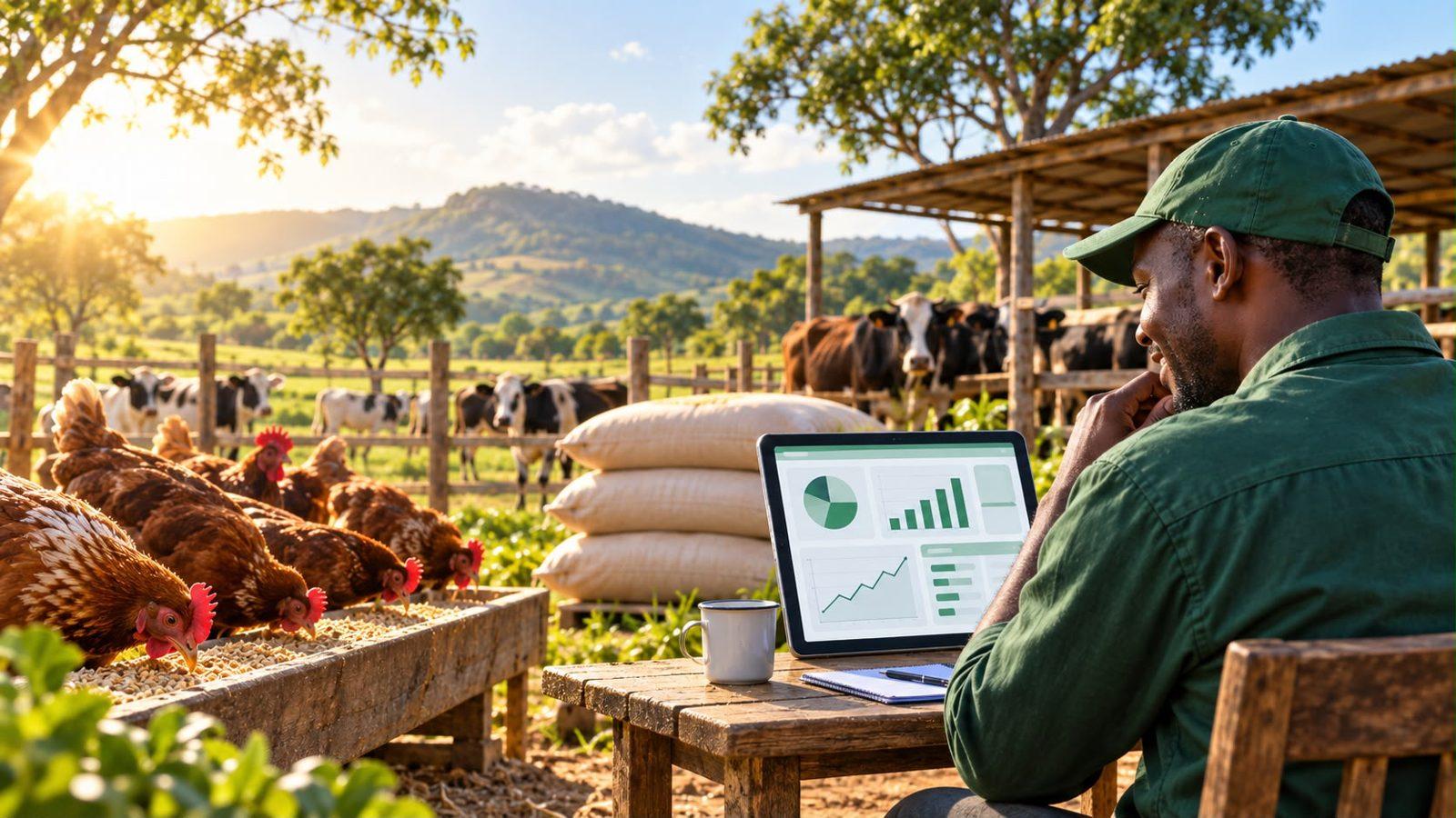 Farmer reviewing feed cost and profit charts on a laptop beside chickens at a feed trough and cattle on an African farm