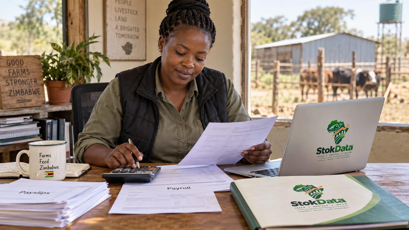 Farm owner checking payroll and payslips at her desk