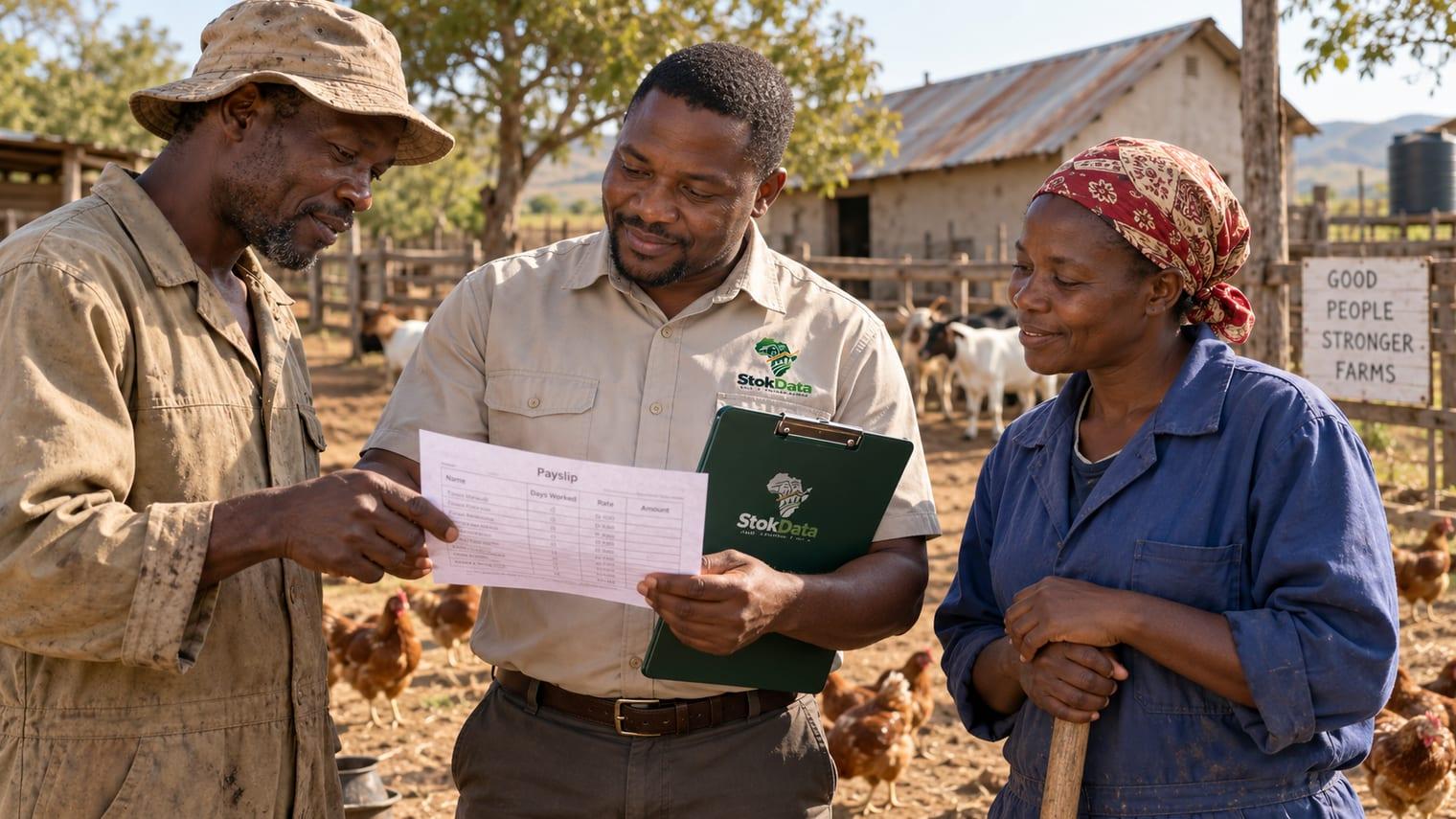 Farm manager showing a payslip to two workers on a Zimbabwean farm