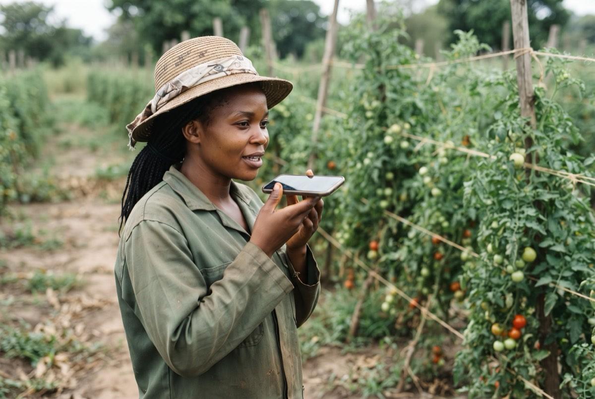 A woman in a straw hat standing in a tomato field, speaking into her phone