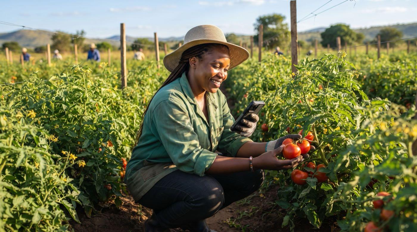 A farmer in a sun hat crouching in a tomato field, holding a phone and a ripe tomato