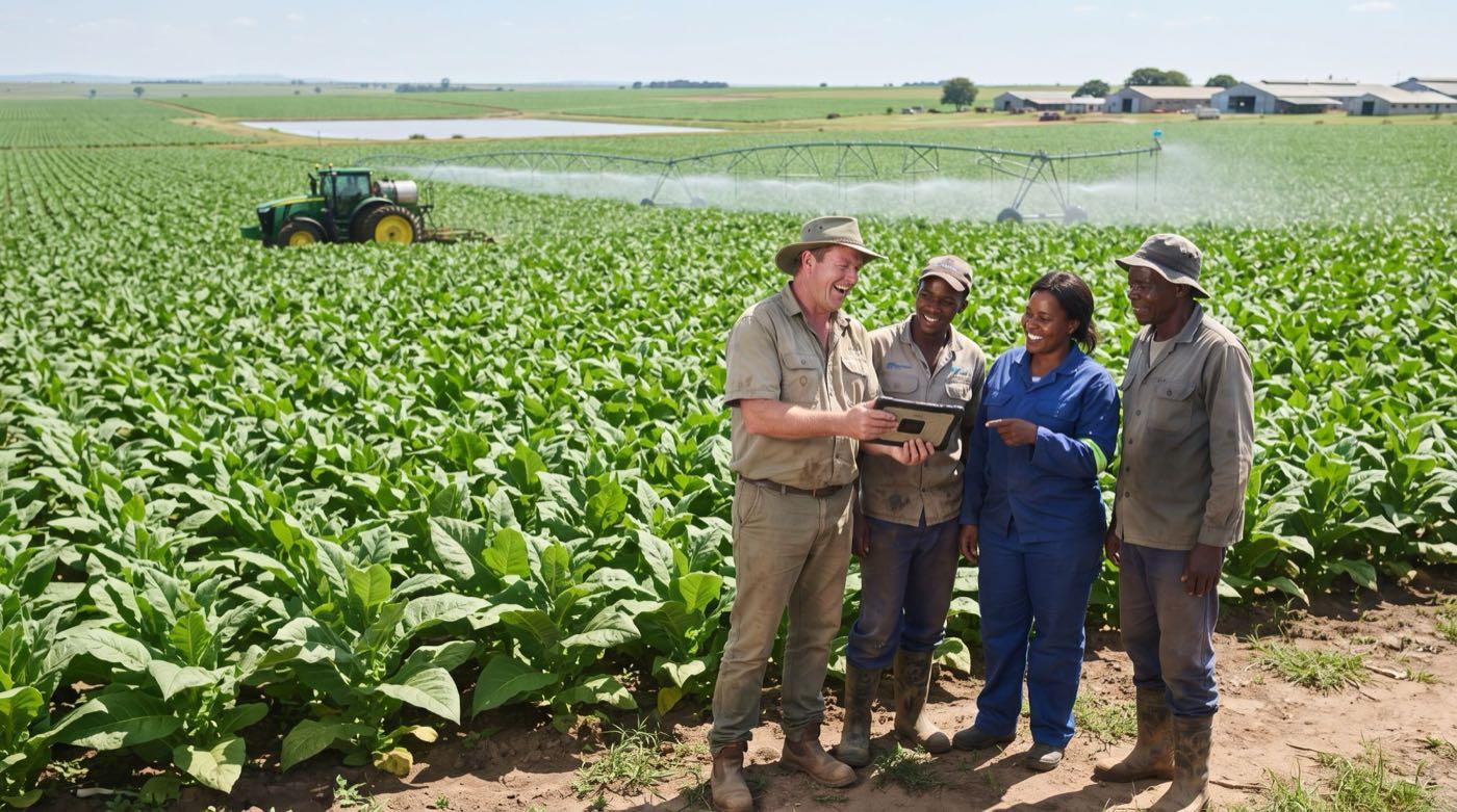 Four people standing in a large crop field with a tablet, with a tractor and irrigation rig behind them