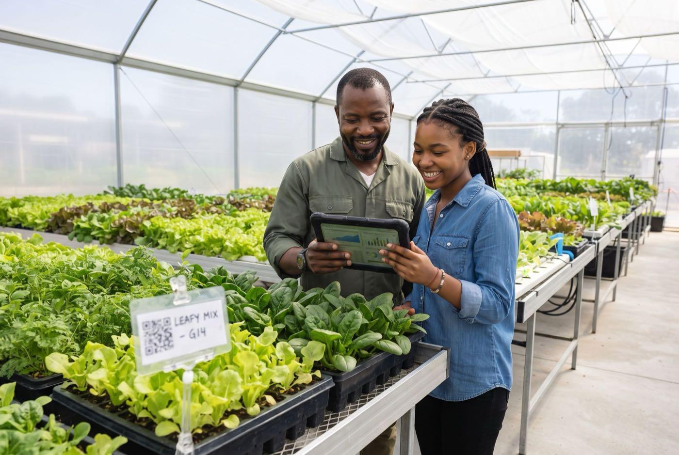Two people in a greenhouse with trays of leafy greens, looking at a tablet